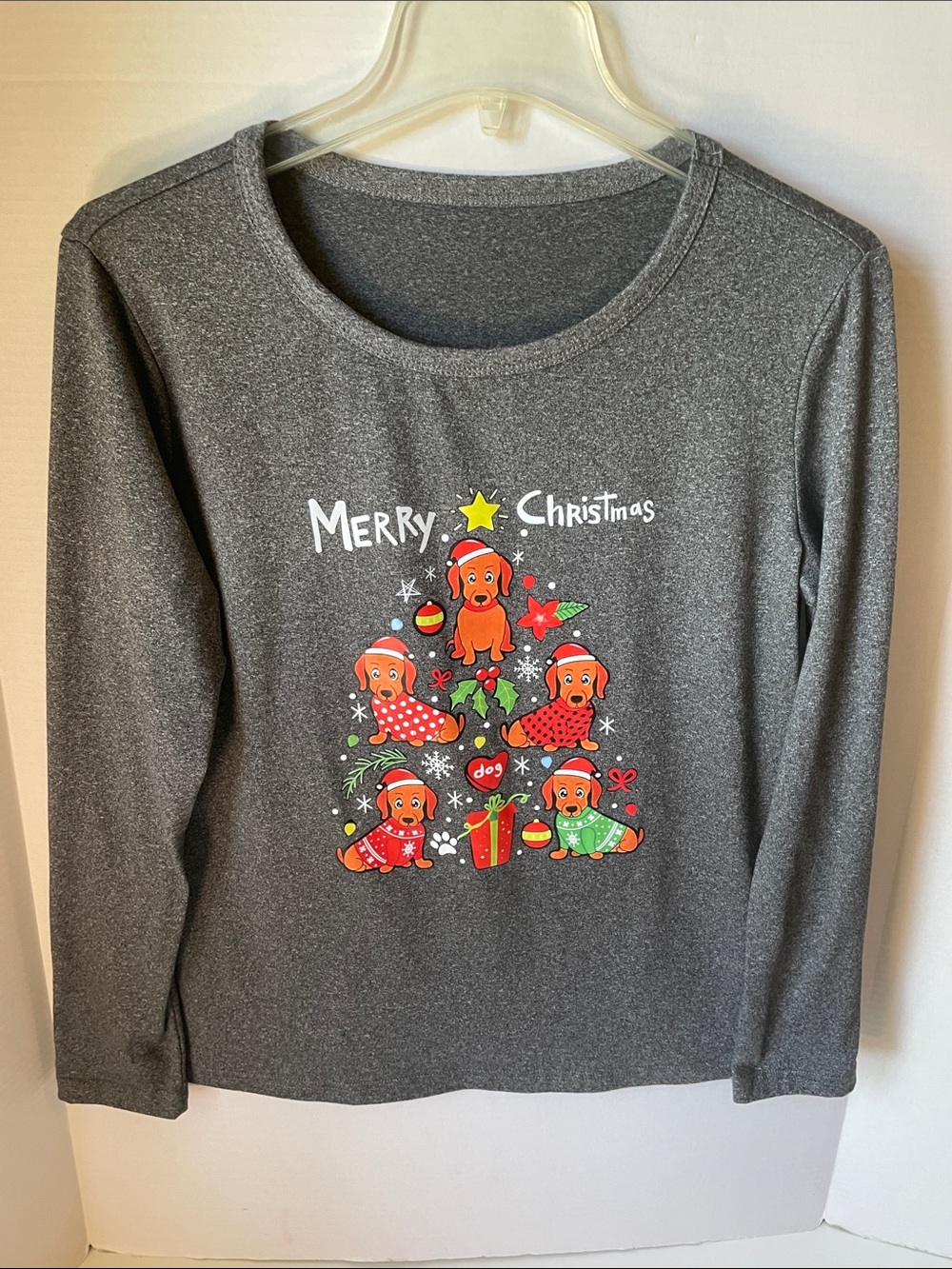 Unbranded  Women's Small Gray Merry Christmas Dog Tree Long Sleeve Tee